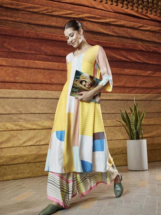 White & Yellow Forestry Printed A-Line Dress W for Women's
