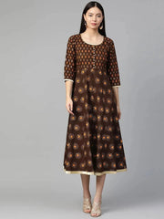LIBAS Brown Printed Cotton Dress, lightweight cotton dress with soft floral accents.