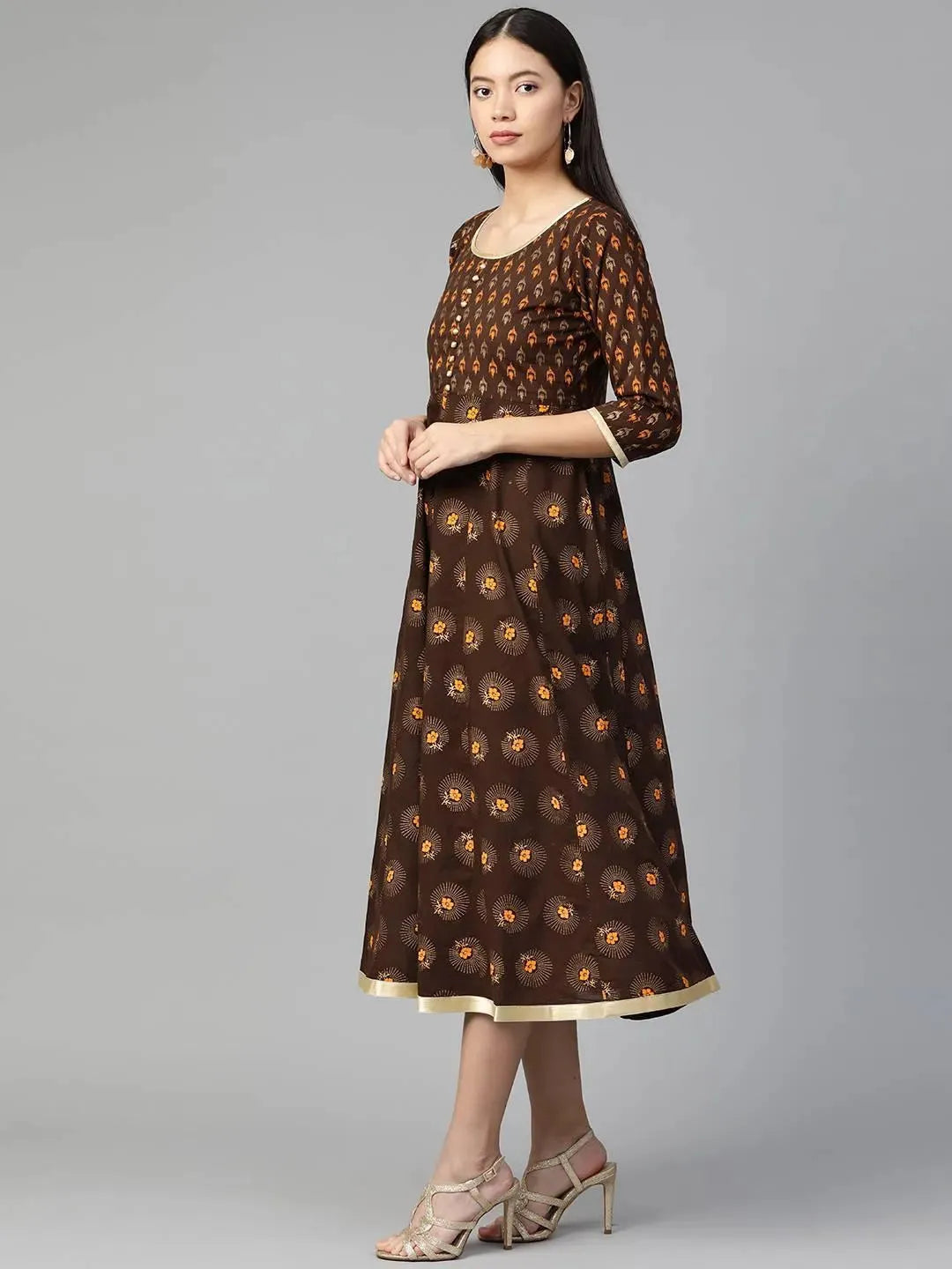 Brown Printed Cotton Dress LIBAS