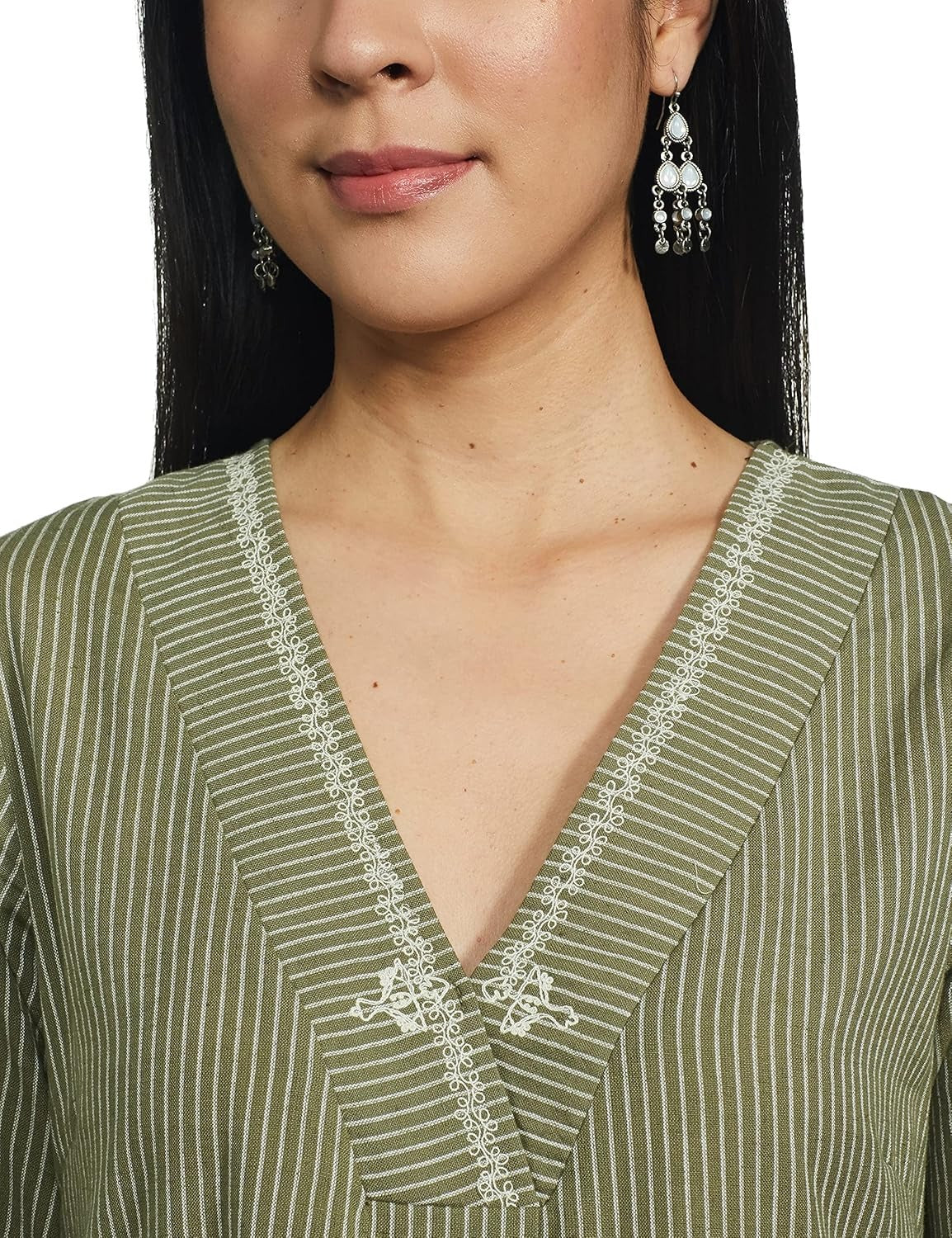 Woman Green Stripe Print V-Neck Kurta W for Woman