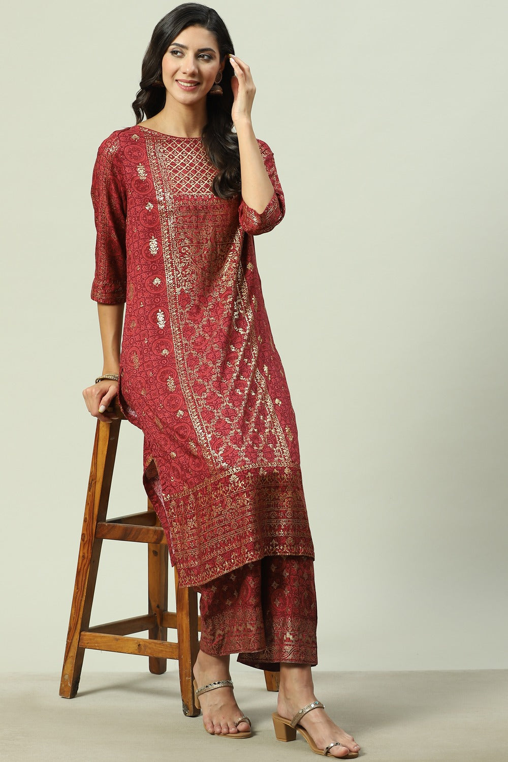 Rust Printed Rayon Kurta BIBA
