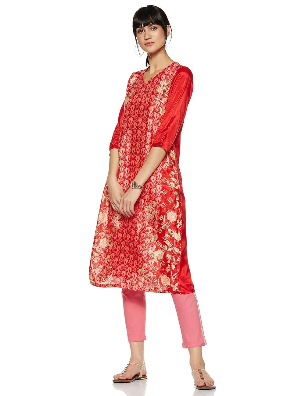 Solid Red Synthetic Straight Kurta RANGRITI