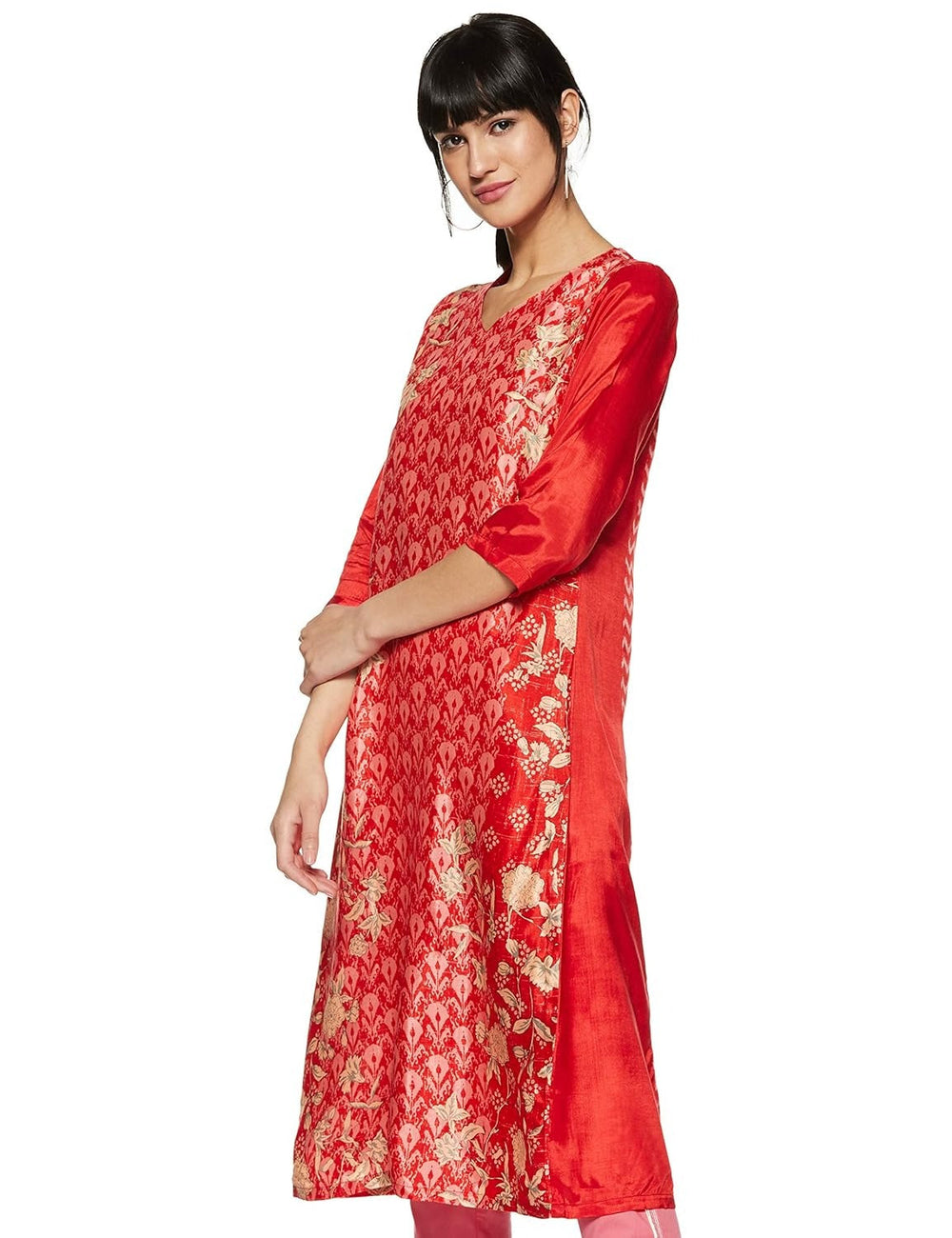 Solid Red Synthetic Straight Kurta RANGRITI