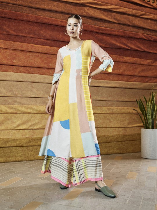 W White & Yellow Forestry Printed A-Line Dress, sophisticated print inspired by nature.