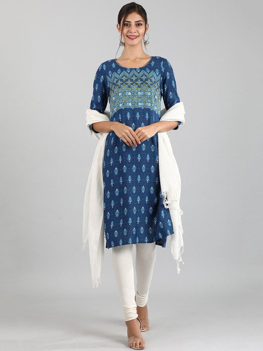 AURELIA Blue Round Neck Printed Liva Kurta – Size XL
