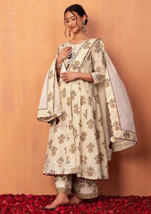 INDYA Ivory Floral Print Anarkali Kurta with Printed Pants and No Dupatta, featuring a soft floral design and a breathable silhouette.
