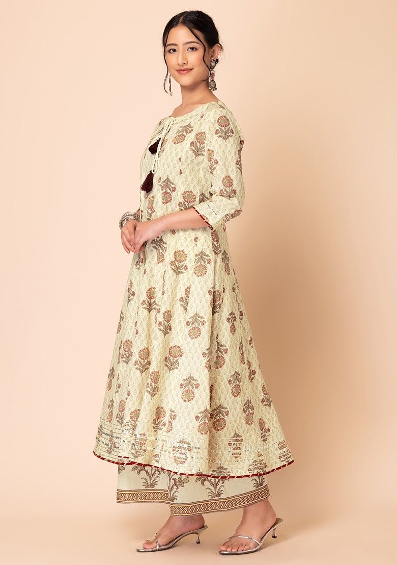 INDYA Ivory Floral Print Anarkali Kurta with Printed Pants INDYA