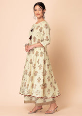INDYA Ivory Floral Print Anarkali Kurta with Printed Pants INDYA
