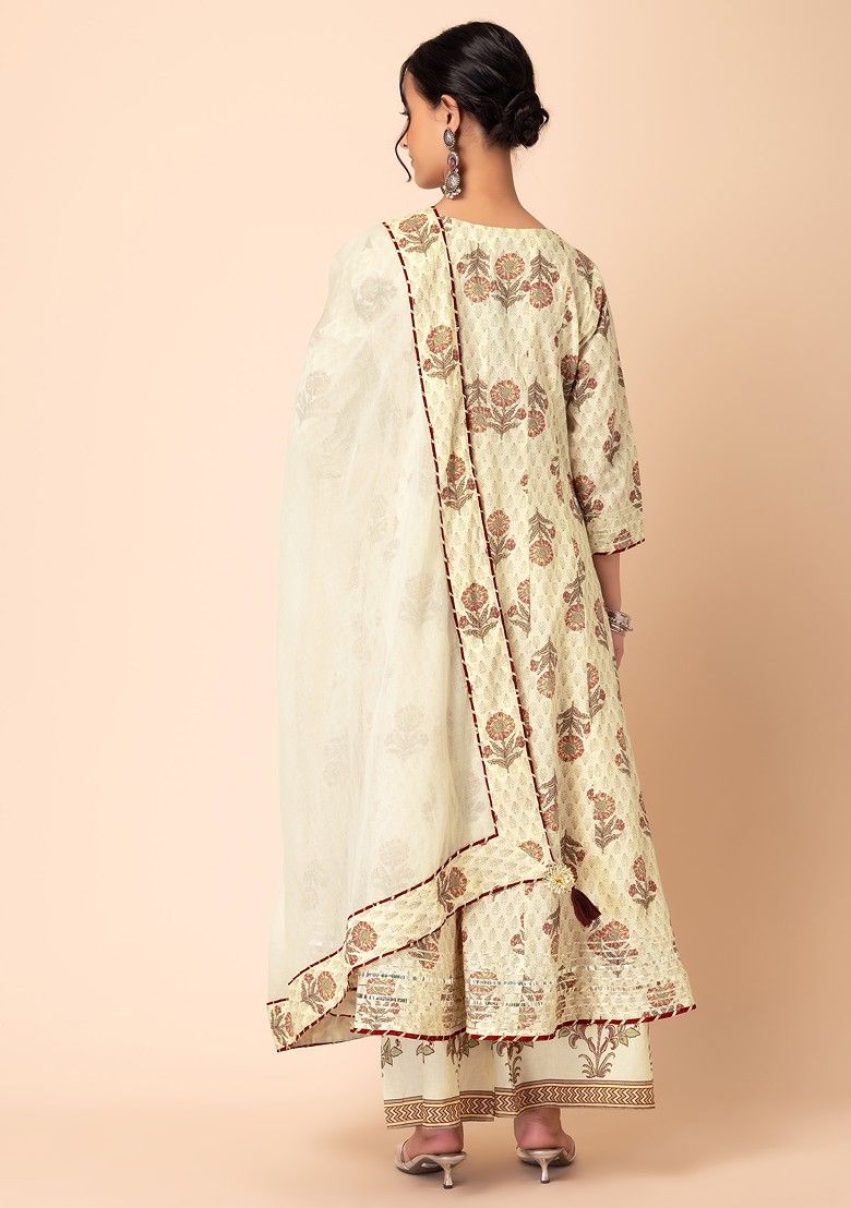 INDYA Ivory Floral Print Anarkali Kurta with Printed Pants INDYA