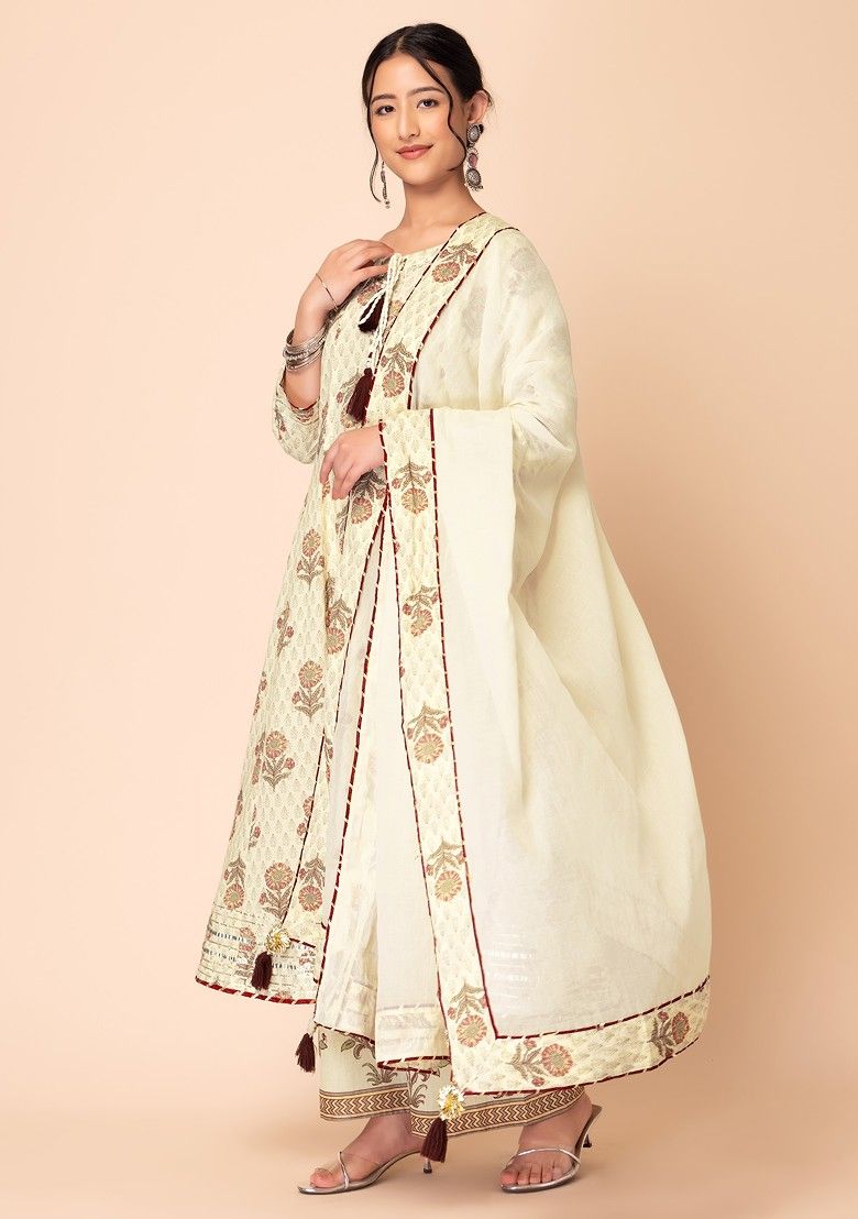 INDYA Ivory Floral Print Anarkali Kurta with Printed Pants INDYA