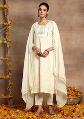 INDYA White Embroidered Cotton Straight Kurta with Pants (No Dupatta), elegant embroidered details on a structured straight kurta.