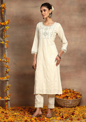 INDYA Off-White Embroidered Cotton Straight Kurta with Pants INDYA