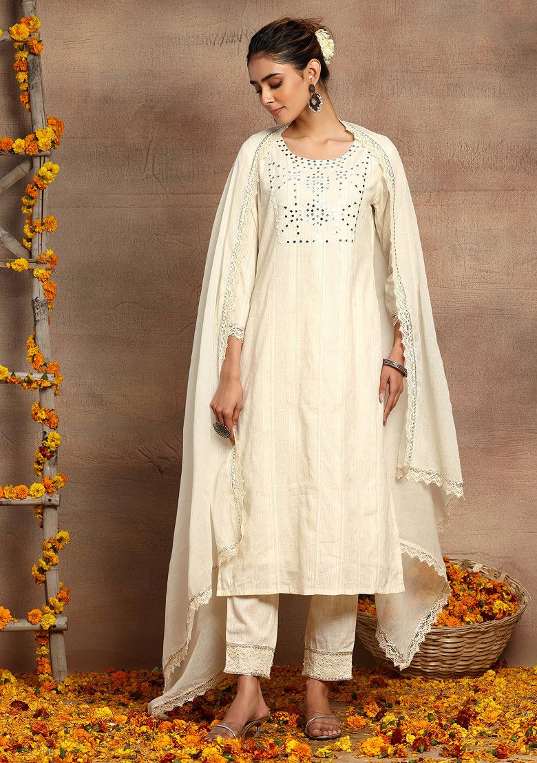INDYA Off-White Embroidered Cotton Straight Kurta with Pants INDYA