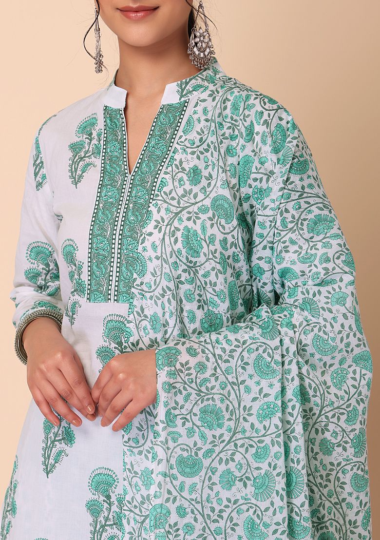 INDYA Green Floral Print Cotton Kurta with Pants INDYA
