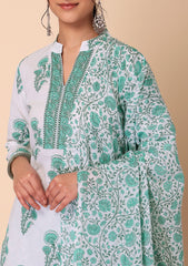 INDYA Green Floral Print Cotton Kurta with Pants INDYA