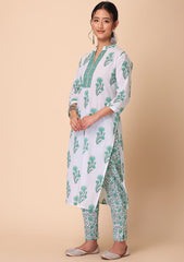 INDYA Green Floral Print Cotton Kurta with Pants INDYA