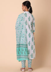INDYA Green Floral Print Cotton Kurta with Pants INDYA