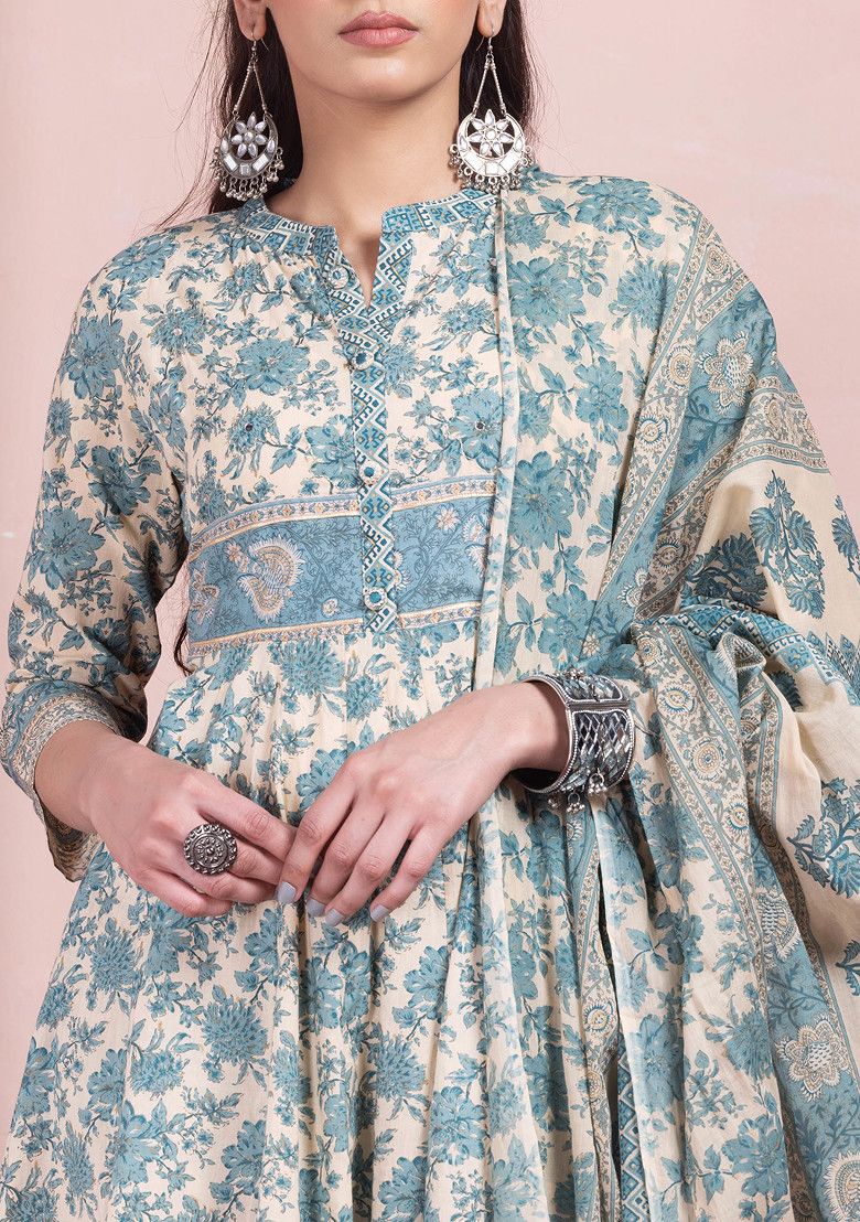 Beige And Teal Floral Print Cotton Kurta With Pants And No Dupatta INDYA