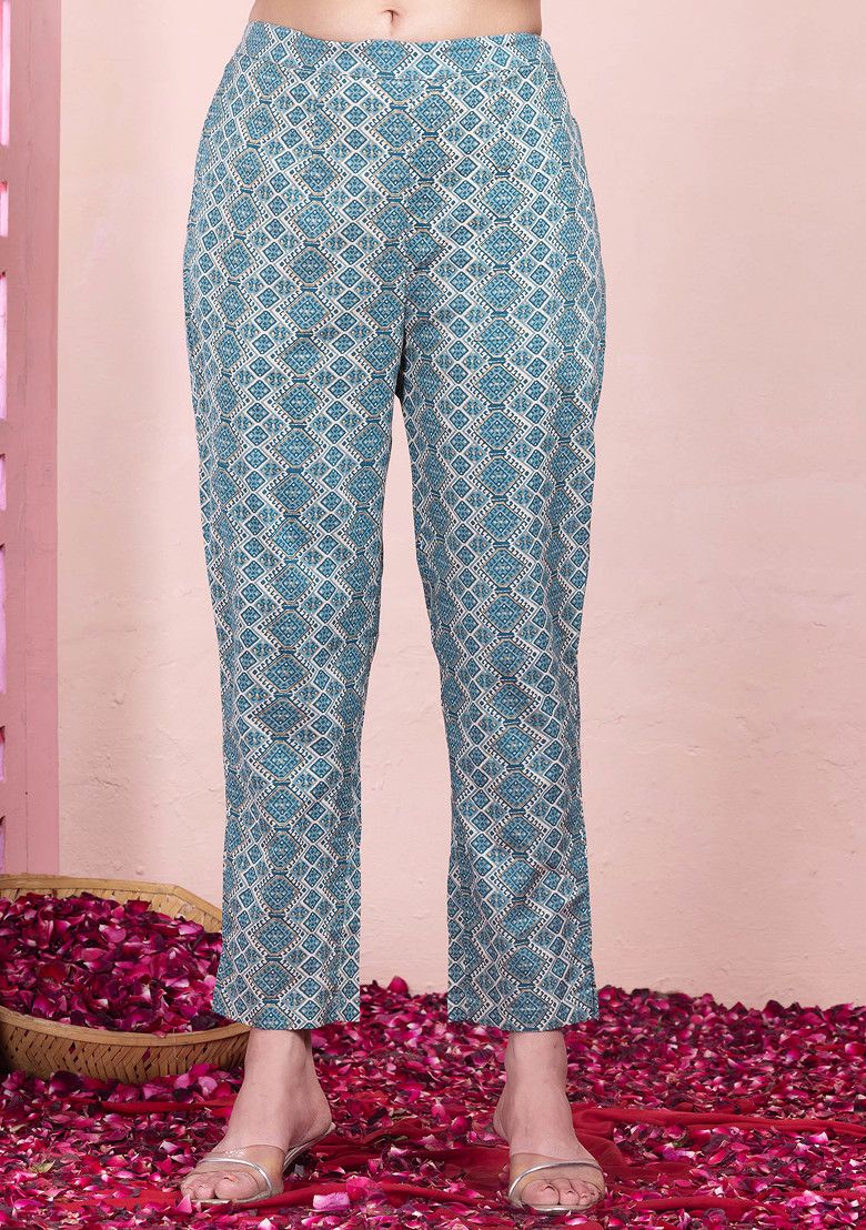 Beige And Teal Floral Print Cotton Kurta With Pants And No Dupatta INDYA