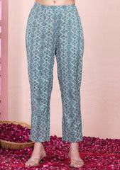 Beige And Teal Floral Print Cotton Kurta With Pants And No Dupatta INDYA