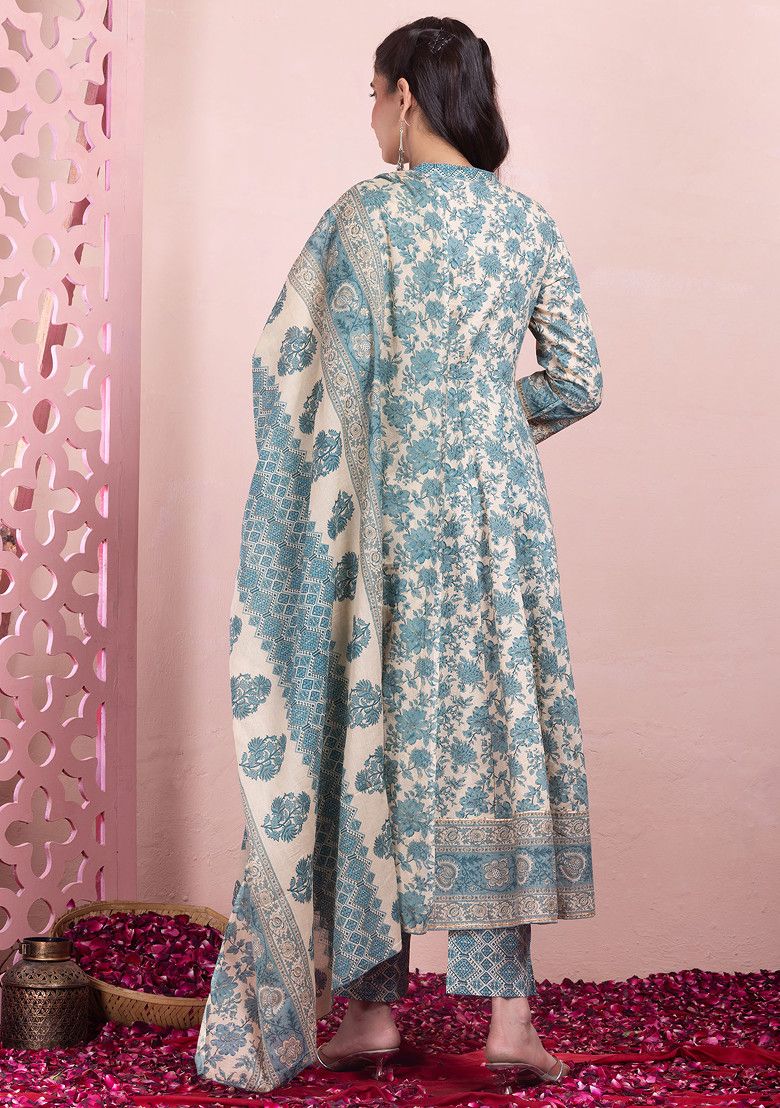 Beige And Teal Floral Print Cotton Kurta With Pants And No Dupatta INDYA