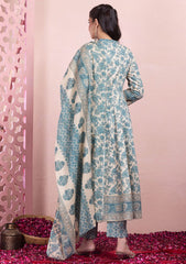 Beige And Teal Floral Print Cotton Kurta With Pants And No Dupatta INDYA