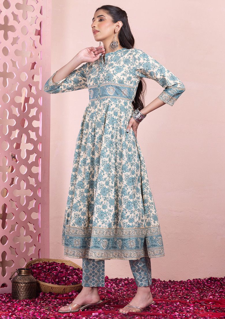 Beige And Teal Floral Print Cotton Kurta With Pants And No Dupatta INDYA