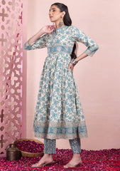 Beige And Teal Floral Print Cotton Kurta With Pants And No Dupatta INDYA