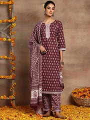 INDYA Ethnic Motifs Batik Printed V-Neck Pure Cotton Straight Kurta & Trouser With Dupatta, crafted for classic styling.