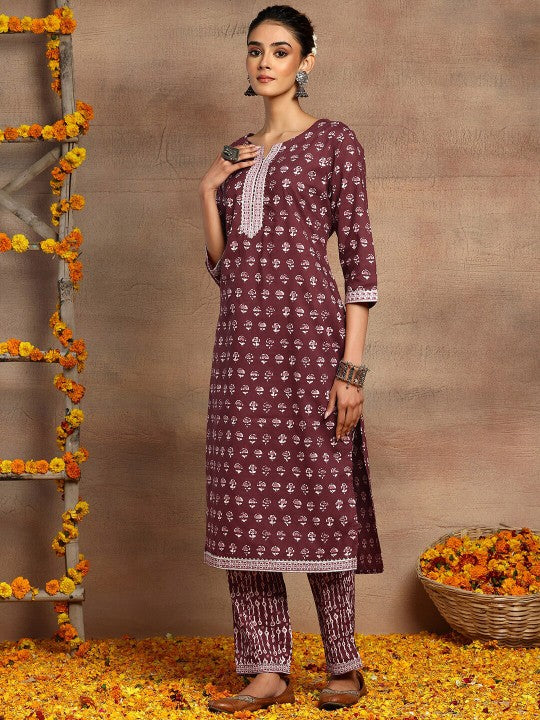Ethnic Motifs Batik Printed V-Neck Pure Cotton Straight Kurta &amp; Trouser With Dupatta INDYA
