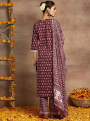 Ethnic Motifs Batik Printed V-Neck Pure Cotton Straight Kurta &amp; Trouser With Dupatta INDYA