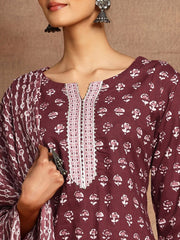 Ethnic Motifs Batik Printed V-Neck Pure Cotton Straight Kurta &amp; Trouser With Dupatta INDYA