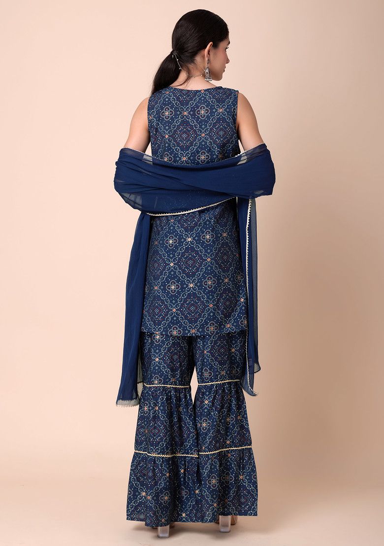 INDYA Navy Blue Ajrakh Print Sharara with Kurta INDYA