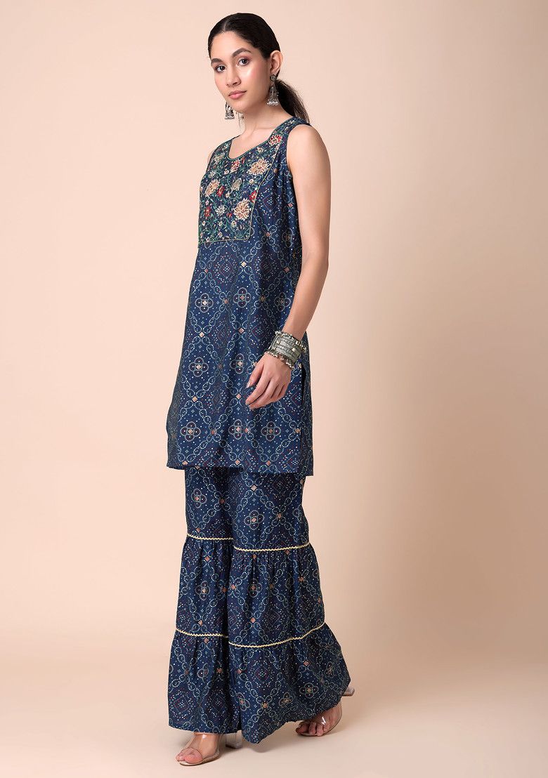 INDYA Navy Blue Ajrakh Print Sharara with Kurta INDYA