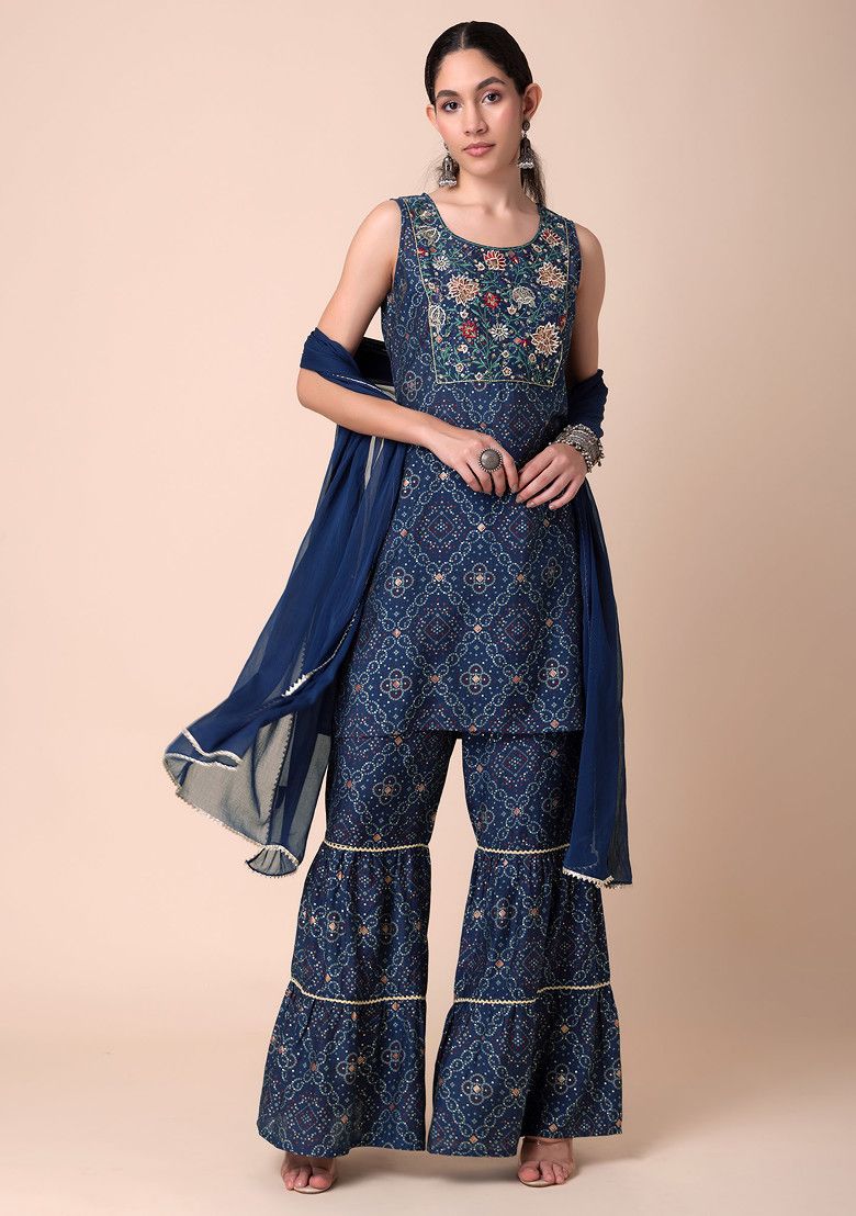 INDYA Navy Blue Ajrakh Print Sharara with Kurta INDYA