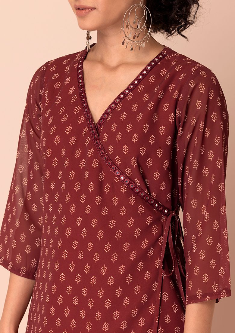 Maroon Tiered Sharara &amp; Angrakha Kurta INDYA