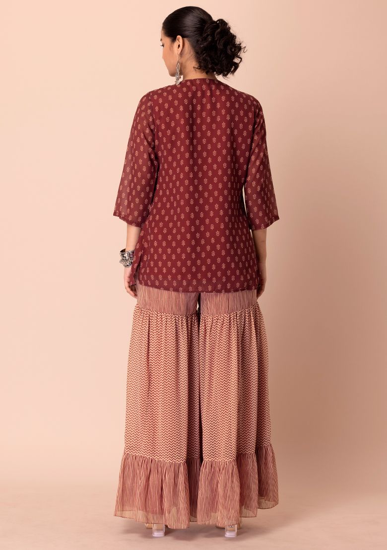 Maroon Tiered Sharara &amp; Angrakha Kurta INDYA