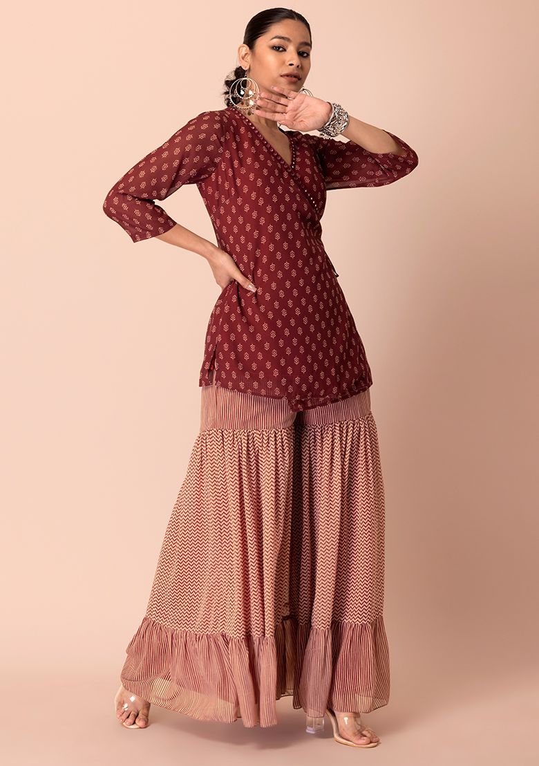 Maroon Tiered Sharara &amp; Angrakha Kurta INDYA