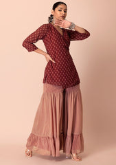 Maroon Tiered Sharara &amp; Angrakha Kurta INDYA