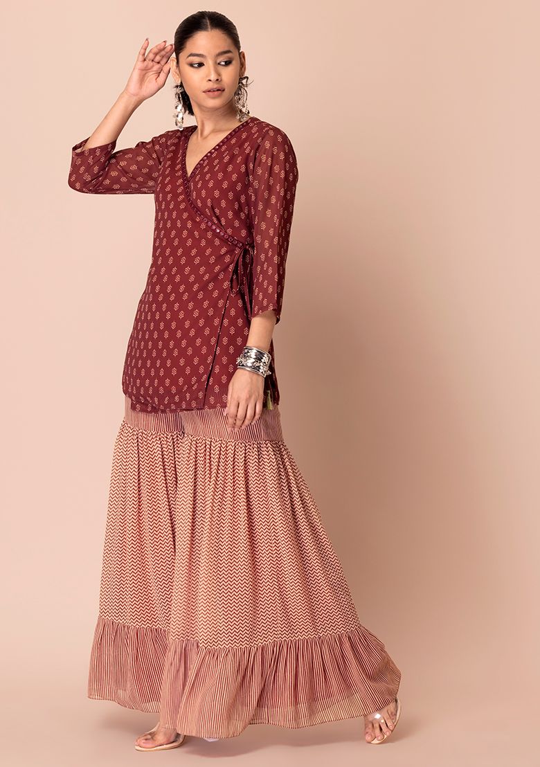 Maroon Tiered Sharara &amp; Angrakha Kurta INDYA