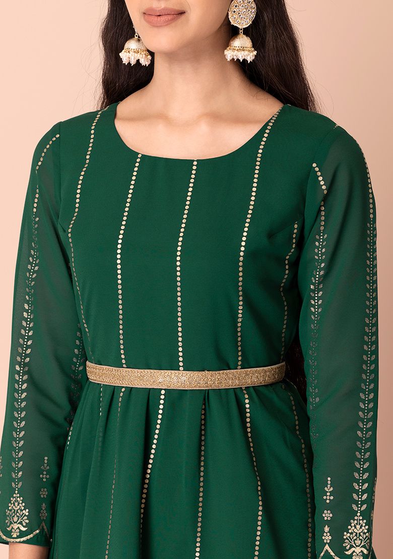 Green Sharara and Foil Print Peplum Top (Without Belt) INDYA