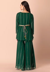 Green Sharara and Foil Print Peplum Top (Without Belt) INDYA