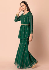 Green Sharara and Foil Print Peplum Top (Without Belt) INDYA