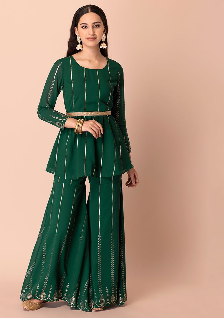 Green Sharara and Foil Print Peplum Top (Without Belt) INDYA