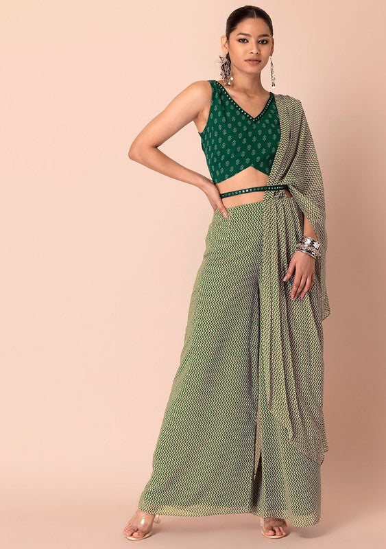 INDYA Beige Printed Palazzo Pants With Attached Dupatta And Contrast Blouse (No Belt), stylish ethnic fusion set.