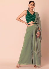 INDYA Beige Printed Palazzo Pants With Attached Dupatta And Contrast Blouse (No Belt), stylish ethnic fusion set.