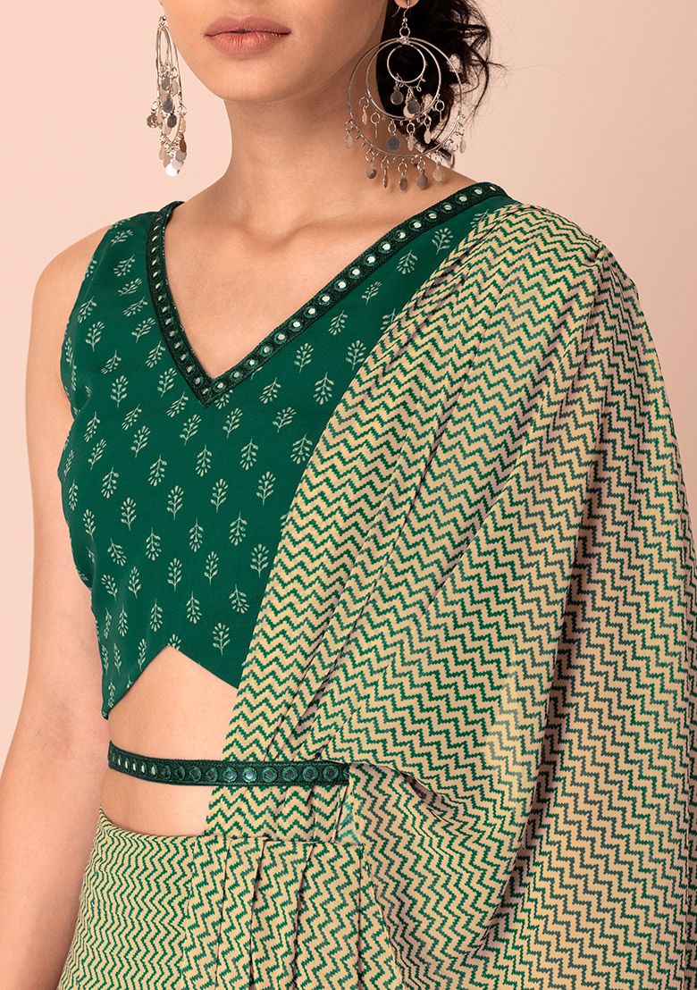 Green Printed Palazzo Set with Attached Dupatta &amp; Contrast Blouse INDYA