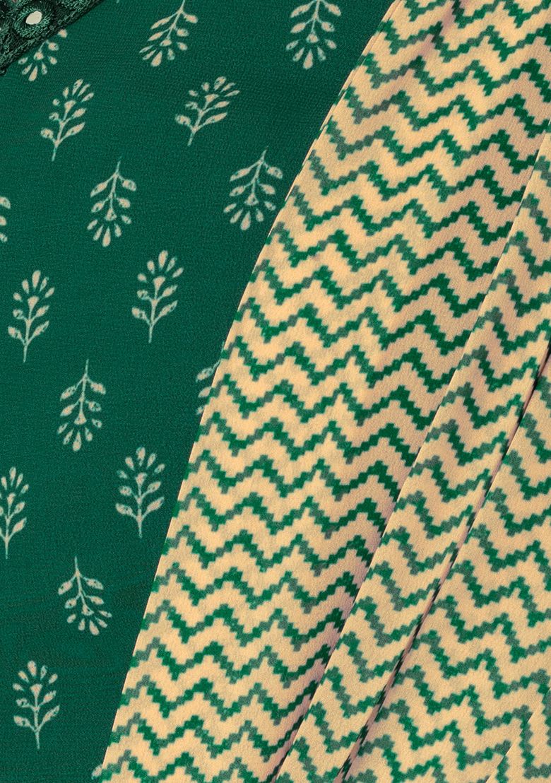 Green Printed Palazzo Set with Attached Dupatta &amp; Contrast Blouse INDYA