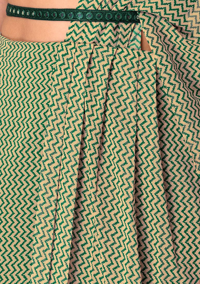 Green Printed Palazzo Set with Attached Dupatta &amp; Contrast Blouse INDYA