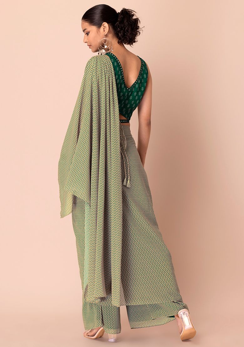 Green Printed Palazzo Set with Attached Dupatta &amp; Contrast Blouse INDYA